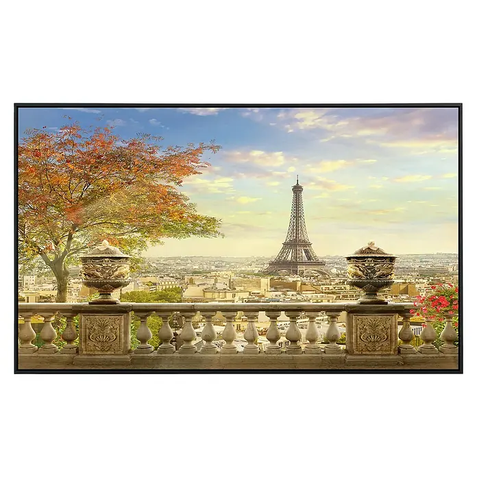 Papermoon Infrarot-Bildheizkörper Panorama von Paris - 100 cm x 600 mm, 600 W - Blick auf den Eiffelturm von einer Terrasse mit dekorativen Vasen und herbstlichem Baum. Romantische Szene in Paris.