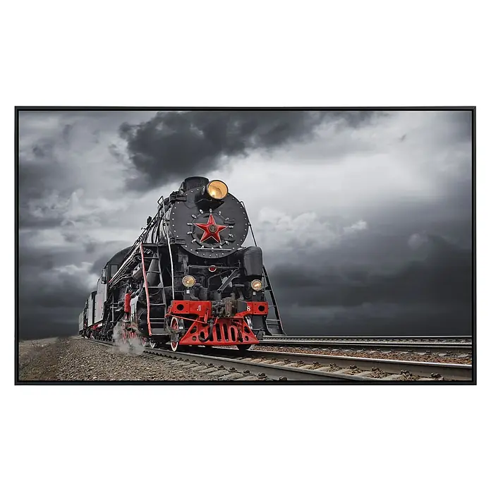 Papermoon Infrarot-Bildheizkörper Vintage Dampfzug - 60 x 50 cm, 350 W - Das Bild zeigt eine schwarze Dampflokomotive mit einem roten Stern unter einem dramatischen Himmel. Die Lokomotive dominiert das Bild.