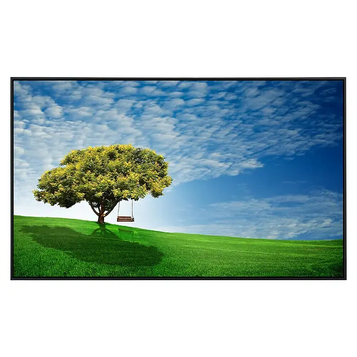 Papermoon Infrarot-Bildheizkörper Goldener Regenbaum - 60 x 50 cm, 350 W - Ein friedliches Bild mit einem Baum und einer Schaukel vor einem blauen Himmel. Die Szene strahlt Ruhe und Entspannung aus.