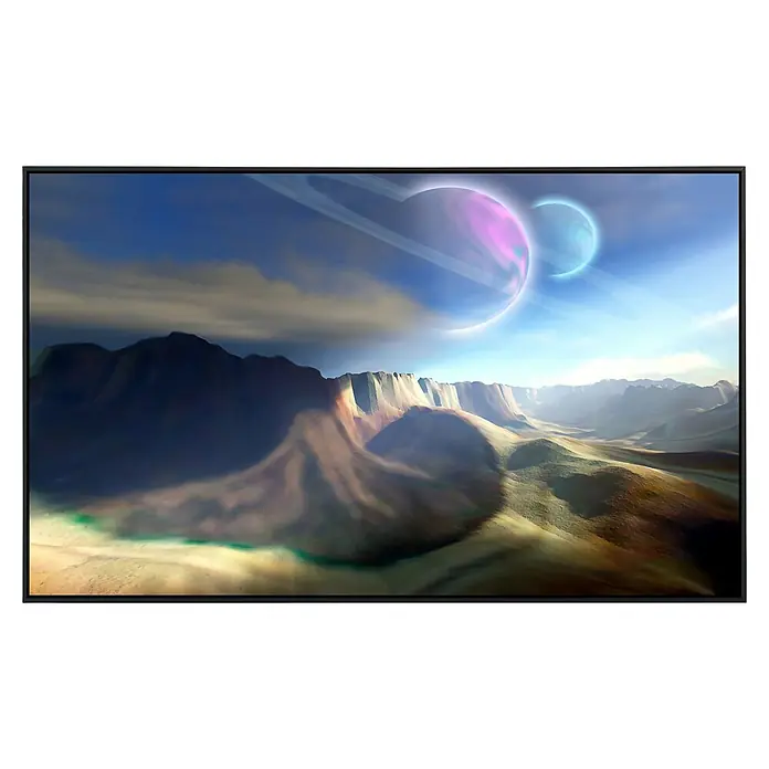 Papermoon Infrarot-Bildheizkörper Futuristische Landschaft - 120 x 60 cm, 1.200 W - Ein fesselndes Bild der Fernseher zeigt eine surreale Landschaft mit schwebenden Planeten und zerklüfteten Felsformationen.