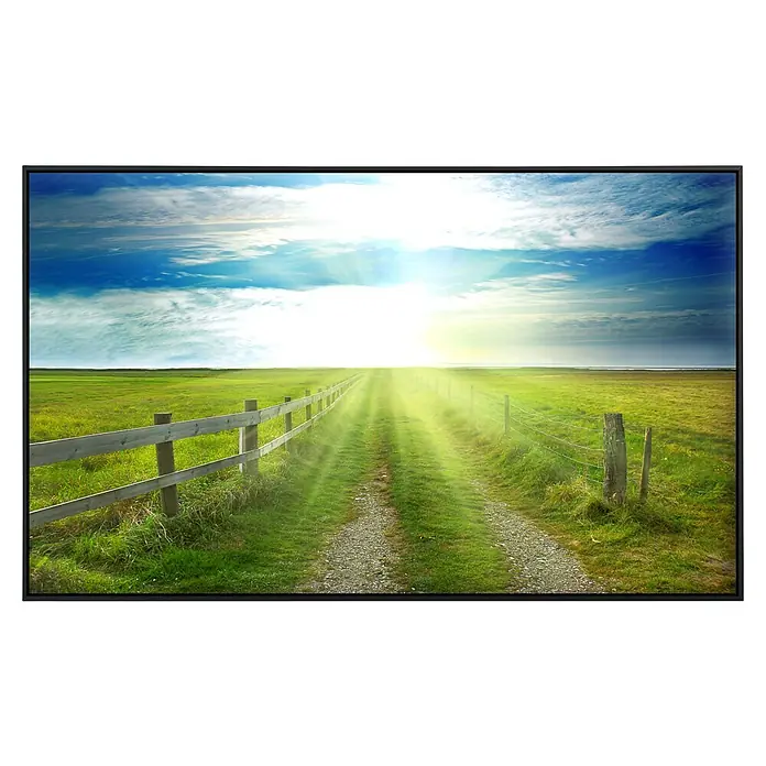 Papermoon Infrarot-Bildheizkörper Landschaft Meer und Sonne - 60 x 50 cm, 350 W - Landschaftsgemälde mit Weg, der zu hellem Sonnenlicht führt, begrenzt von Zäunen und grünen Feldern, ideal als Wandkunst.
