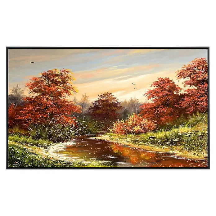 Papermoon Infrarot-Bildheizkörper Herbstlandschaft 2120 x 60 cm, 750 W - Ölgemälde auf Leinwand mit Herbstlandschaft, das eine ruhige Wasserstraße, bunte Bäume und einen friedlichen Himmel zeigt.