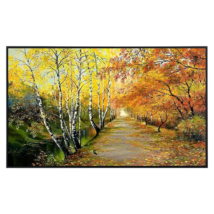 Papermoon Infrarot-Bildheizkörper Herbststraße - 60 x 50 cm, 350 W - Gemälde einer Herbstlandschaft mit bunten Bäumen und einem Weg voller Blätter, gerahmt in einem schwarzen Rahmen.