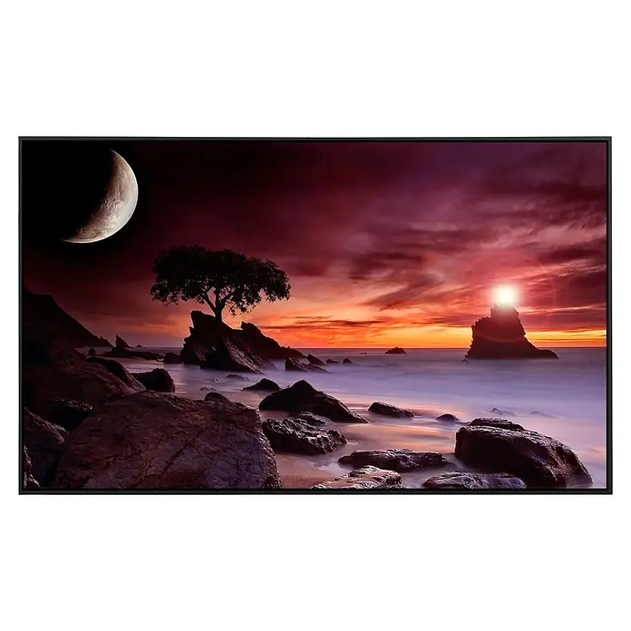 Papermoon Infrarot-Bildheizkörper Küstenmondlicht - 120 x 60 cm, 1.200 W - Küstenlandschaft mit Felsen, Baum und Sonnenuntergang. Stimmungsvolle Atmosphäre mit Mond und warmen Farben. Einzigartiges Wandbild für Ihr Zuhause.
