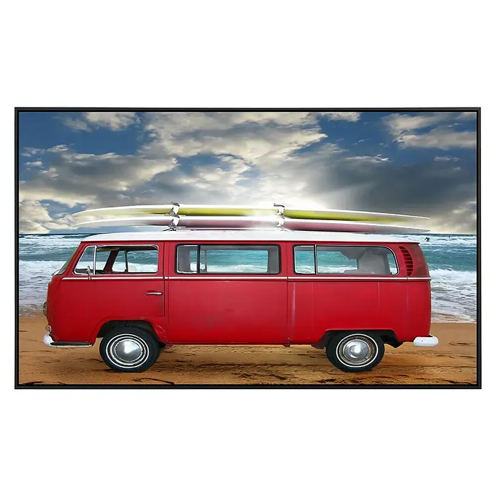 Papermoon Infrarot-Bildheizkörper Red Beetle Bus - 90 x 50 cm, 450 W - Roter VW-Bus mit Surfbrettern auf einem sonnigen Strand. Der Oldtimer versprüht Sommerfeeling und Abenteuerlust.
