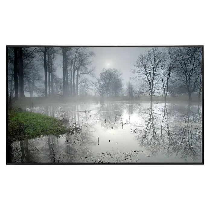 Papermoon Infrarot-Bildheizkörper Geheimnisvoller Wald - 60 x 50 cm, 350 W - Neblige Waldlandschaft mit Bäumen, die sich im ruhigen Wasser spiegeln. Eine stimmungsvolle Szene mit sanften Farben und ruhiger Atmosphäre.