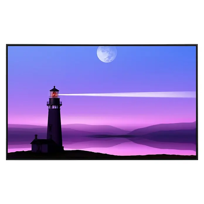 Papermoon Infrarot-Bildheizkörper Romantischer Leuchtturm - 60 x 50 cm, 350 W - Ein Leuchtturm strahlt hell unter einem Vollmond, ein Symbol für Führung und Hoffnung in der dunklen Nacht.