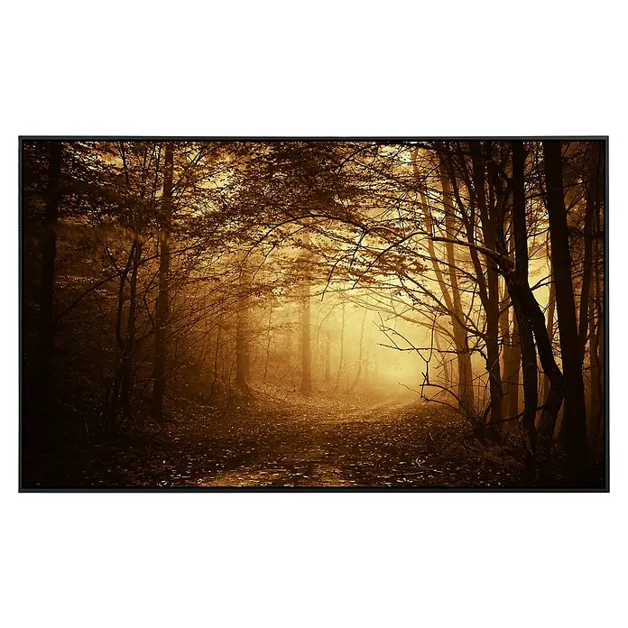 Papermoon Infrarot-Bildheizkörper Dunkler Wald - 120 x 60 cm, 1.200 W - Mystischer Waldweg im Nebel, beleuchtet von warmem Licht, gerahmt in einem eleganten Rahmen. Die perfekte Wanddekoration.