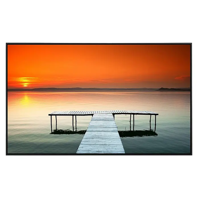 Papermoon Infrarot-Bildheizkörper Sonnenuntergang am Plattensee - 120 x 60 cm, 1.000 W - Atemberaubendes Display mit Sonnenuntergang über einem See, der durch einen Holzsteg ergänzt wird, ideal für hochwertige Bildwiedergabe.