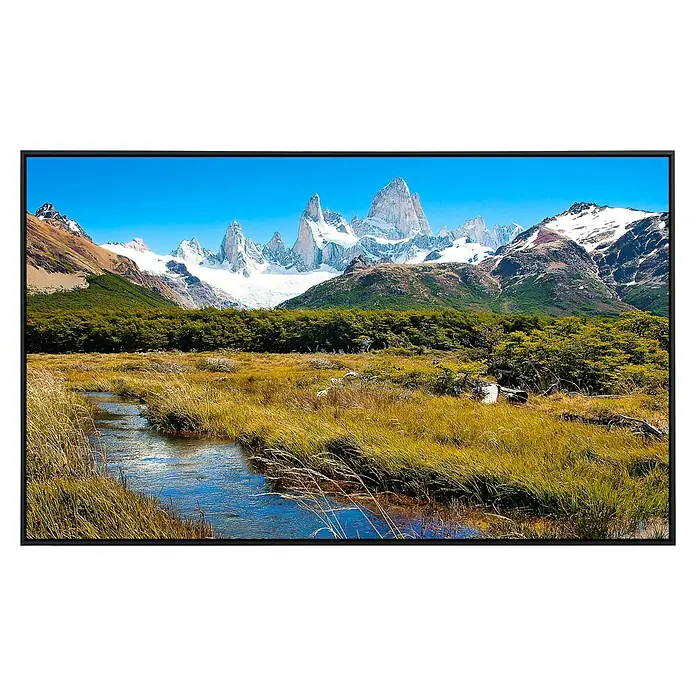 Papermoon Infrarot-Bildheizkörper Berge in Patagonien - 100 cm x 600 mm, 800 W - Atemberaubende Naturkulisse mit schneebeckten Bergen und einem klaren Bach, eingefangen auf einem hochmodernen Bildschirm.
