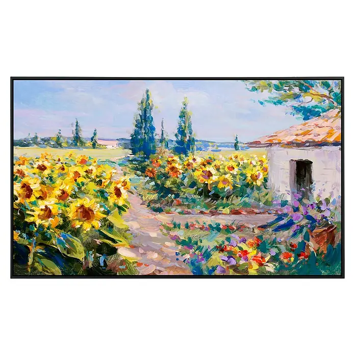 Papermoon Infrarot-Bildheizkörper Landschaftsmalerei - 60 x 50 cm, 350 W - Das Gemälde zeigt ein Sonnenblumenfeld mit einem Haus im Hintergrund, eingefasst in einem eleganten Rahmen. Die Farben sind lebendig und detailreich.