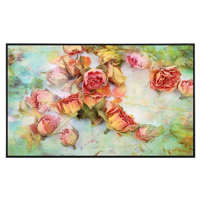 Papermoon Infrarot-Bildheizkörper Vintage Rosen 2 - 120 x 60 cm, 1.200 W - Eine Nahaufnahme eines gerahmten Bildes von rosa und gelben Rosenblüten auf einem strukturierten, bunt bemalten Hintergrund.