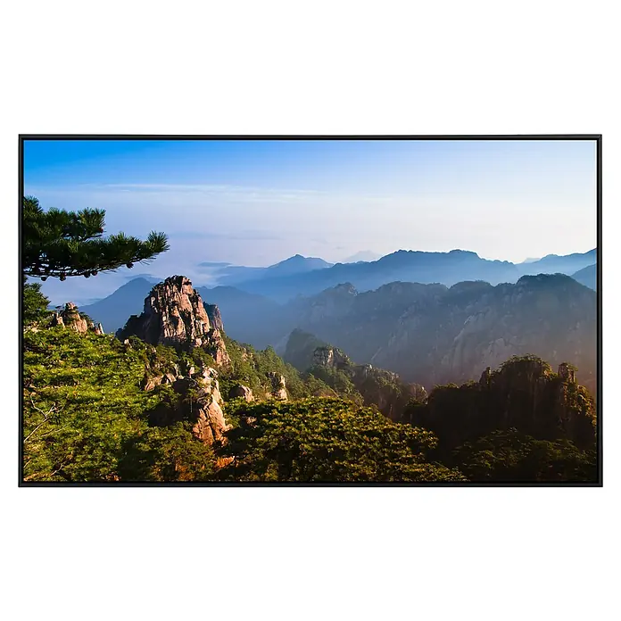Papermoon Infrarot-Bildheizkörper Berg Huangshan - 100 x 60 cm, 800 W - Bildschirm zeigt eine malerische Berglandschaft mit üppigem Grün und sanften blauen Hügeln im Hintergrund.