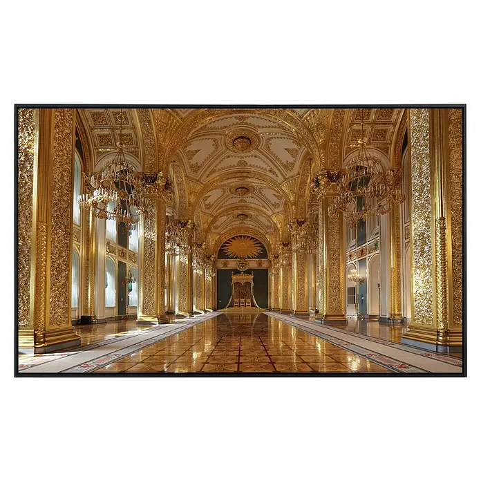 Papermoon Infrarot-Bildheizkörper Grosser Kremlpalast - 90 cm x 500 mm, 450 W - Prunkvoller Saal mit goldenen Säulen, Kronleuchtern und einem Thron. Glänzender Boden reflektiert die Opulenz des Raumes.