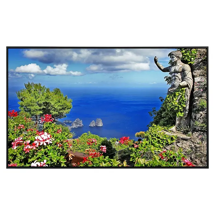 Papermoon Infrarot-Bildheizkörper Capri Island View - 90 cm x 500 mm, 450 W - Idyllische Aussicht mit Statue, Blumen und Meer.