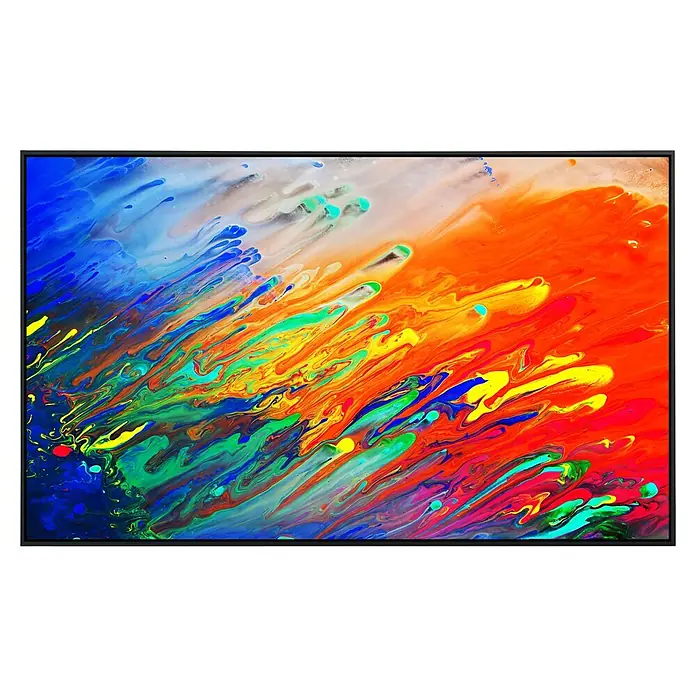 Papermoon Infrarot-Bildheizkörper Abstraktes Gemälde - 120 x 60 cm, 1.000 W - Farbexplosion: Ein lebendiges Gemälde mit dynamischen Farbverläufen in Blau, Orange, Grün und Gelb, gerahmt in elegantem Schwarz.