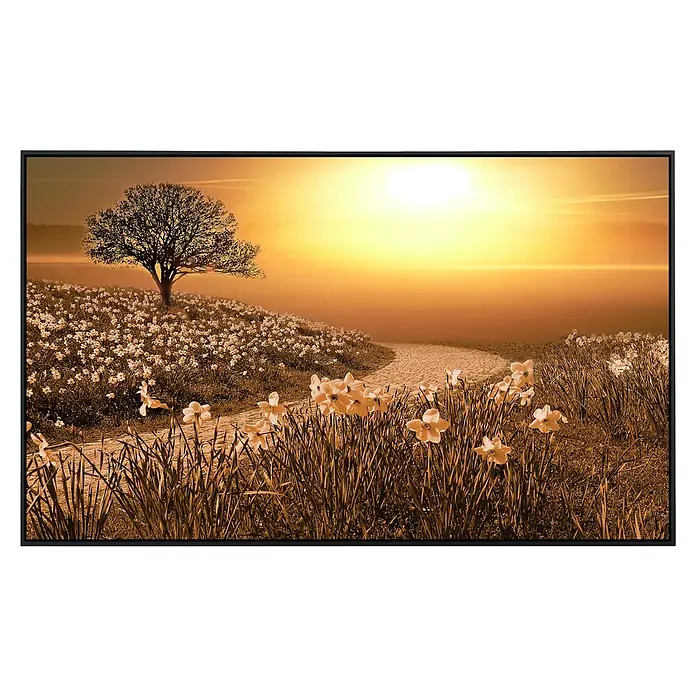 Papermoon Infrarot-Bildheizkörper Magische Landschaft - 100 x 60 cm, 600 W - Stimmungsvolles Landschaftsgemälde mit Baum, Blumenwiese und Weg bei Sonnenuntergang, gerahmt.