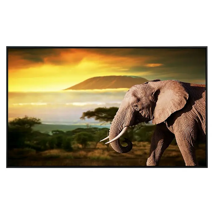 Papermoon Infrarot-Bildheizkörper Elefant von Kilimanjaro - 100 x 60 cm, 800 W - Ein LCD-Fernseher zeigt ein beeindruckendes Bild eines Elefanten vor einer afrikanischen Landschaft bei Sonnenuntergang. Lebendige Farben und scharfe Details.