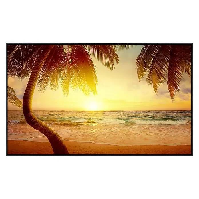 Papermoon Infrarot-Bildheizkörper Tropischer Strand Sonnenaufgang - 90 x 50 cm, 450 W - Ein stilvoller Bildschirm zeigt ein tropisches Strandbild mit Palmen bei Sonnenuntergang, ideal für eine entspannende Atmosphäre.