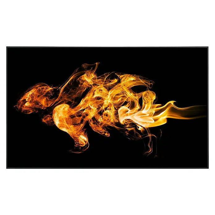 Papermoon Infrarot-Bildheizkörper Feuerflammen - 100 x 60 cm, 600 W - Schwarzer Hintergrund mit feurigen Flammen, die sich elegant bewegen und eine dynamische, fesselnde Optik erzeugen.