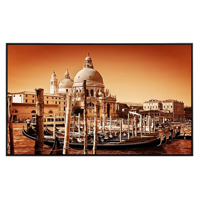 Papermoon Infrarot-Bildheizkörper Retro Venedig - 90 x 50 cm, 450 W - Blick auf Venedig mit Gondeln und der Basilica di Santa Maria della Salute. Stimmungsvolle Szene in Sepiatönen, gerahmt in Schwarz.