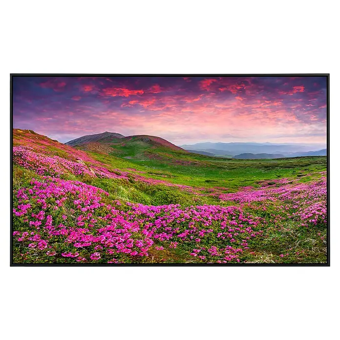Papermoon Infrarot-Bildheizkörper Rhododendron Blumen - 90 cm x 500 mm, 450 W - Ein beeindruckendes Landschaftsbild mit blühenden Hängen unter einem farbenprächtigen Himmel, eingefasst in einem eleganten Rahmen.