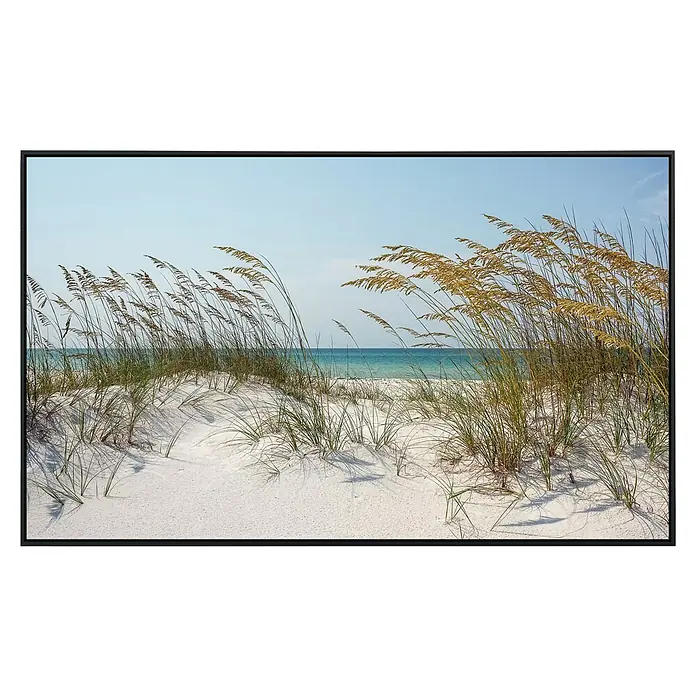 Papermoon Infrarot-Bildheizkörper Ocean Beach Dunes - 100 x 60 cm, 800 W - Dünenlandschaft mit Strandhafer im Wind, sanftes türkisfarbenes Meer im Hintergrund, gerahmt. Natur pur für Ihr Zuhause.