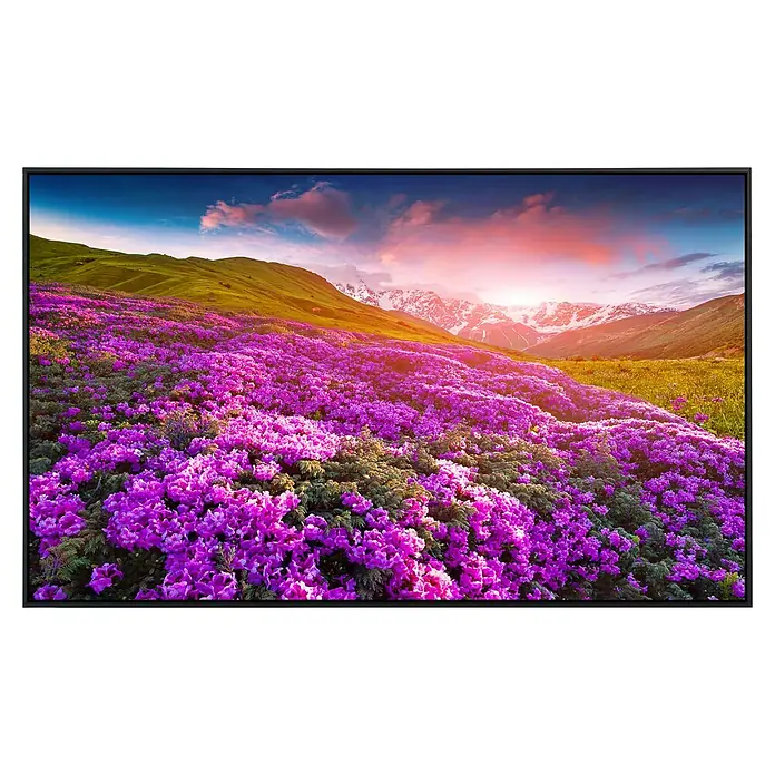 Papermoon Infrarot-Bildheizkörper Berge Blumen - 100 x 60 cm, 800 W - Ein hochauflösender Bildschirm zeigt eine atemberaubende Berglandschaft mit blühenden Blumen im Vordergrund.