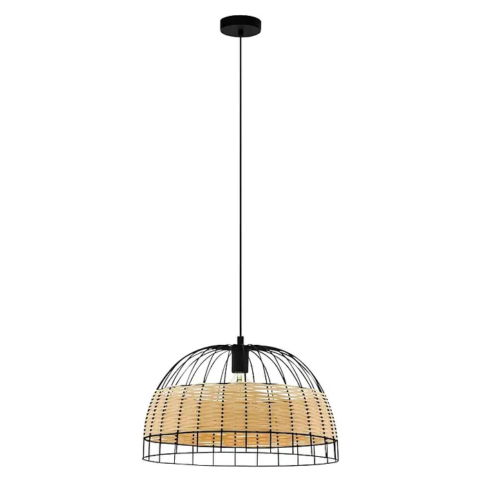 Eglo Anwick Lámpara colgante redonda - 40 W, Ø x Al: 50 x 110 cm, Negro/Natural, E27 - Lámpara colgante con cesta de ratán y estructura de metal negro, ideal para salones y comedores.