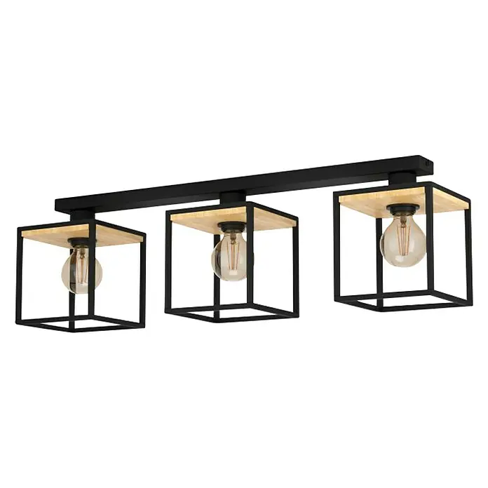 Eglo Libertad Plafón - 40 W, L x An x Al: 24 x 86 x 18 cm, Negro/Marrón, E27 - Lámpara de techo moderna con tres bombillas Edison, rodeada de marcos metálicos negros y paneles de madera clara.