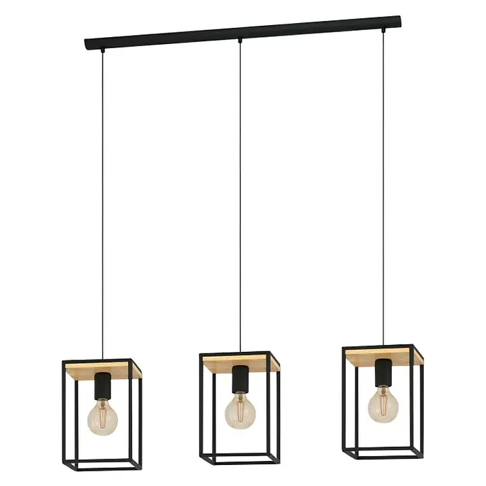 Eglo Libertad Lámpara colgante - 120 W, L x An x Al: 18 x 88 x 110 cm, Negro/Marrón, E27 - Lámpara colgante con tres pantallas en forma de cubo y bombillas Edison. Ideal para comedores o islas de cocina con toque moderno.