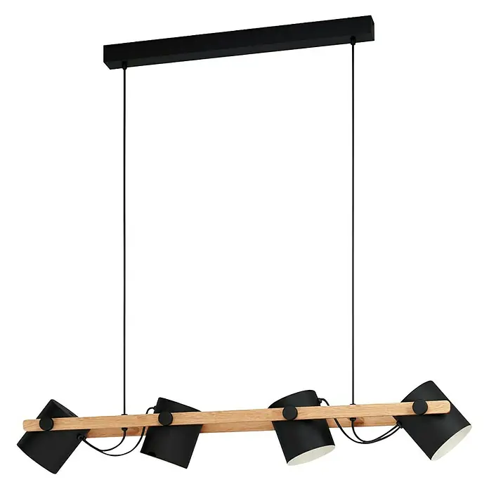 Eglo Hornwood Lámpara colgante - 112 W, L x An x Al: 18 x 110 x 110 cm, Negro/Marrón, E27 - Lámpara colgante moderna con detalles de madera y cuatro focos negros para una iluminación personalizada.