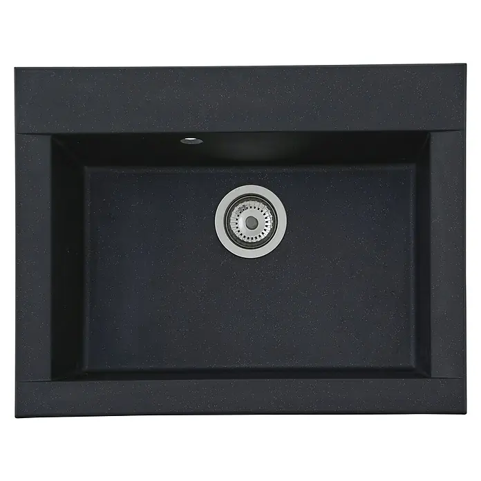 Respekta Einbauspüle Ohio - 66 x 50 cm, Schwarz - Detaillierte Aufnahme eines schwarzen Küchenspülbeckens mit Abfluss. Elegantes Design und robuste Bauweise für moderne Küchen.