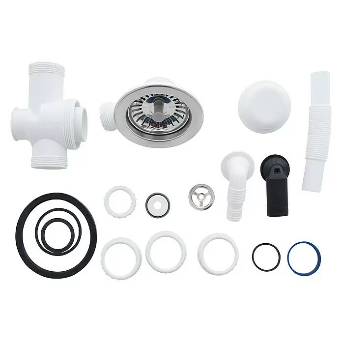 Respekta Fregadero encastrable Ohio - 66 x 50 cm, Negro - Surtido de piezas de fontanería de plástico blanco y metal para un desagüe de fregadero, incluyendo tuberías, juntas y una manguera flexible.
