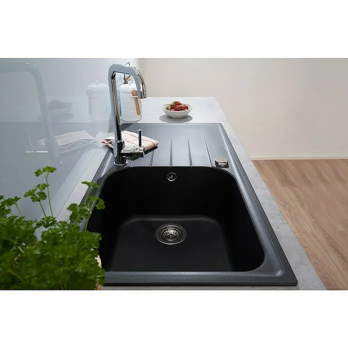 Respekta Einbauspüle Orlando - 100 x 50 cm, Schwarz - Einbauküchenspüle in modernem Design mit Abtropffläche, ideal für jede Küche. Die Spüle ist aus robustem Material gefertigt und leicht zu reinigen.