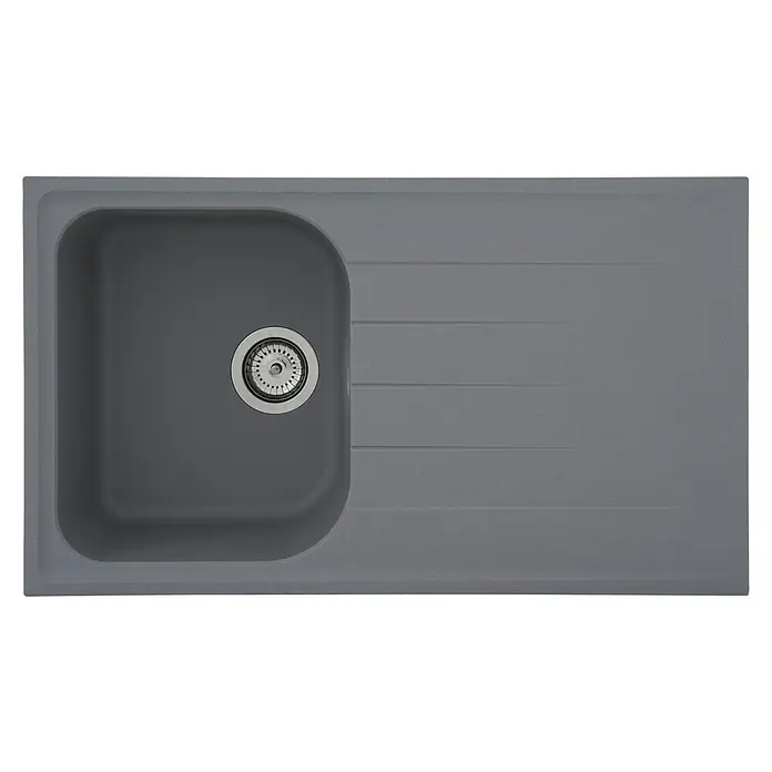 Respekta Fregadero encastrable Orlndo - 86 x 50 cm, Gris - Primer plano de un fregadero gris moderno con escurridor y un desagüe redondo. El diseño es simple y funcional.