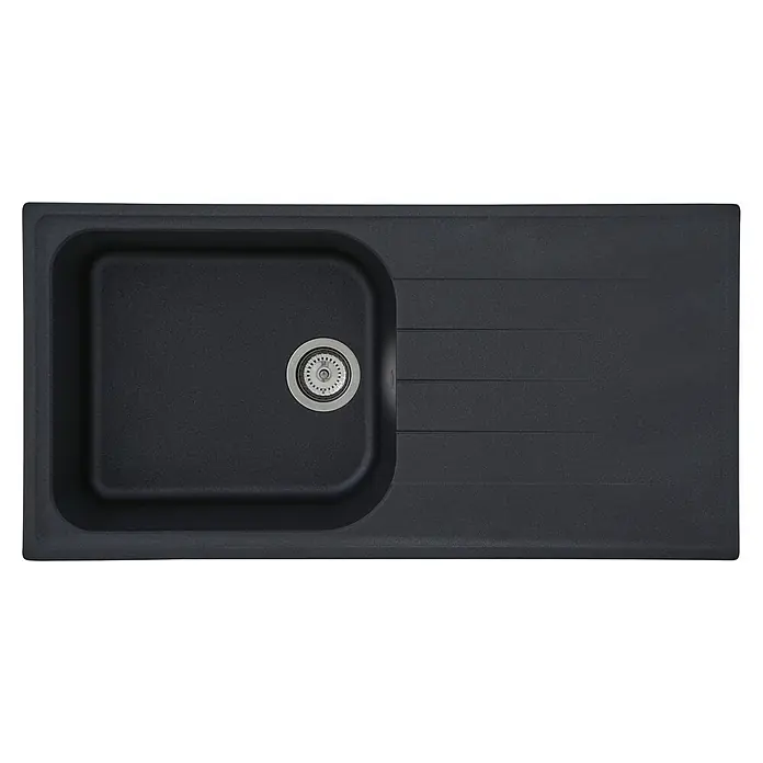 Respekta Fregadero encastrable Orlndo - 100 x 50 cm, Negro - Primer plano de un fregadero negro con escurridor y desagüe. El diseño es moderno y funcional, ideal para cualquier cocina.