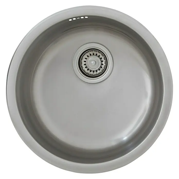 Respekta Fregadero encastrable Portland - Diámetro: 44,6 cm, Acero inoxidable - Primer plano de un fregadero redondo de acero inoxidable con desagüe central y orificios de rebosadero, ideal para cocinas modernas.