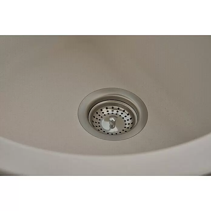 Respekta Fregadero encastrable Phoenix - 79 x 50 cm, Blanco - Fregadero de cocina gris claro con un colador de desagüe de acero inoxidable en el centro.