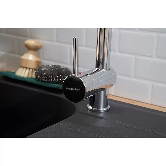 Respekta Fregadero encastrable Orlndo - 86 x 50 cm, Negro - Grifo de cocina respekta cromado con indicador rojo/azul, instalado en fregadero negro, con cepillo y estropajo.