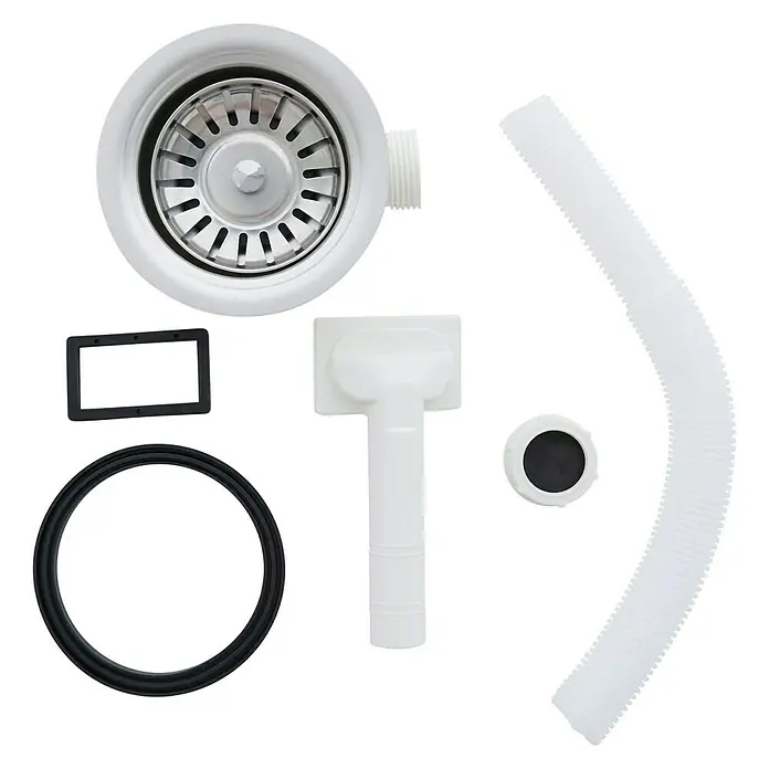 Respekta Fregadero encastrable Portland - Diámetro: 44,6 cm, Acero inoxidable - Kit de desagüe para fregadero de cocina con colador, tapón, juntas y manguera de desagüe para fregaderos domésticos.
