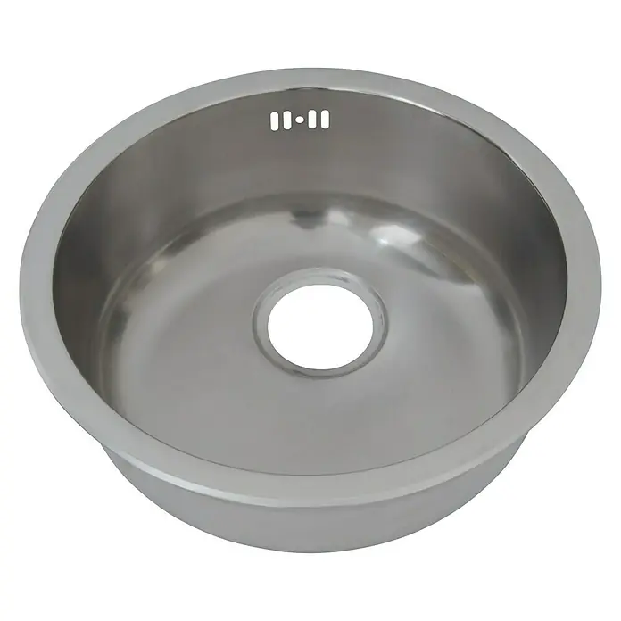 Respekta Fregadero encastrable Portland - Diámetro: 44,6 cm, Acero inoxidable - Primer plano de un fregadero redondo de acero inoxidable con orificios de rebosadero y orificio de desagüe, ideal para cocinas modernas.
