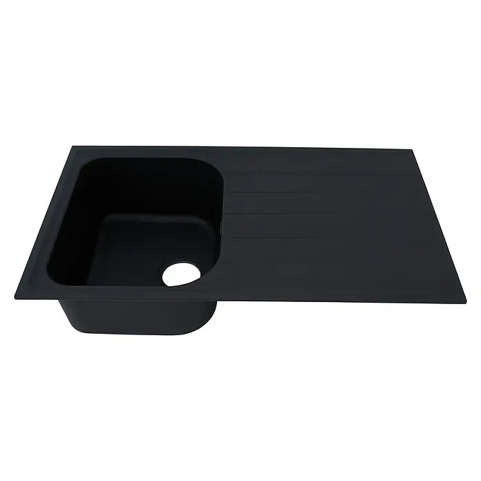Respekta Einbauspüle Orlando - 86 x 50 cm, Schwarz - Eine schwarze Küchenspüle mit einem Becken und einer Abtropffläche. Das Design ist modern und minimalistisch, ideal für jede Küche.