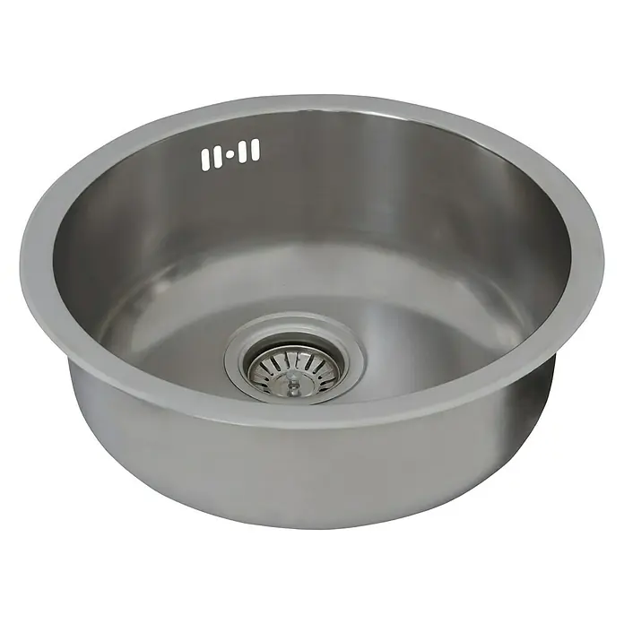 Respekta Fregadero encastrable Portland - Diámetro: 44,6 cm, Acero inoxidable - Imagen de un fregadero redondo de acero inoxidable, con un diseño de drenaje moderno y la marca "11-11" para el rebosadero.