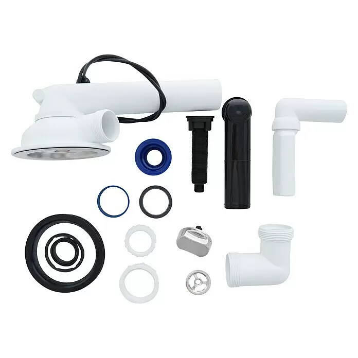 Respekta Fregadero encastrable Orlndo - 86 x 50 cm, Negro - Kit de desagüe de fontanería de plástico blanco y negro con varias tuberías, accesorios y juntas.