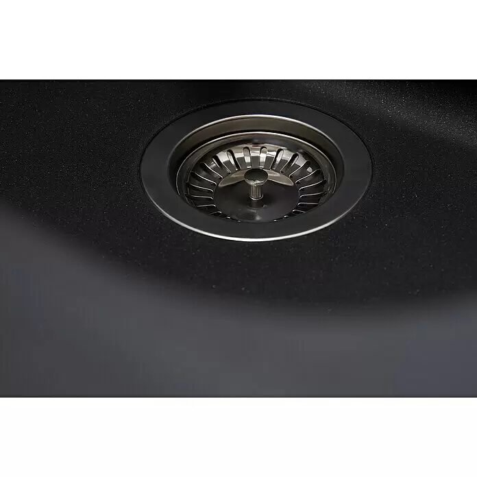 Respekta Fregadero encastrable Orlndo - 86 x 50 cm, Negro - Desagüe de fregadero de cocina de acero inoxidable en un fregadero composite negro.
