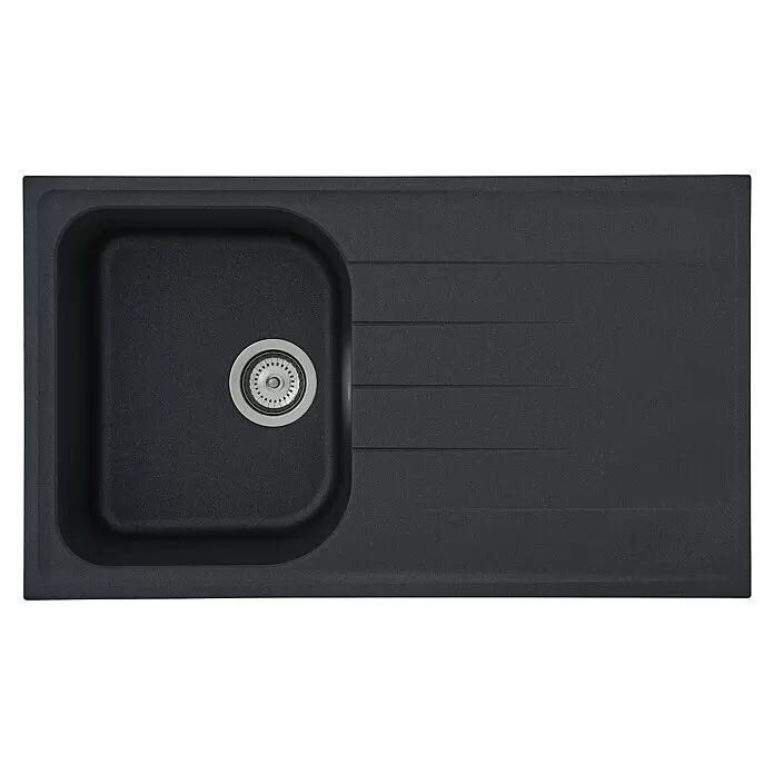 Respekta Fregadero encastrable Orlndo - 86 x 50 cm, Negro - Fregadero de cocina de granito compuesto gris oscuro con una cubeta, escurridor integrado y desagüe de acero inoxidable.