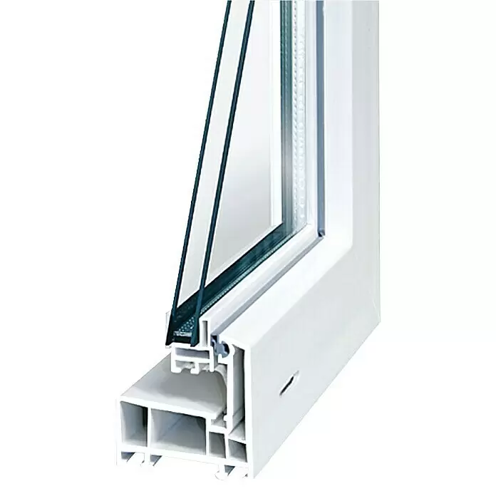 Solid Elements Kippfenster Q59 - 60 x 50 cm, Weiß - Weißes PVC-Fensterprofil im Schnitt mit Doppelverglasung, zeigt Mehrkammer-Innenstruktur für Isolation.