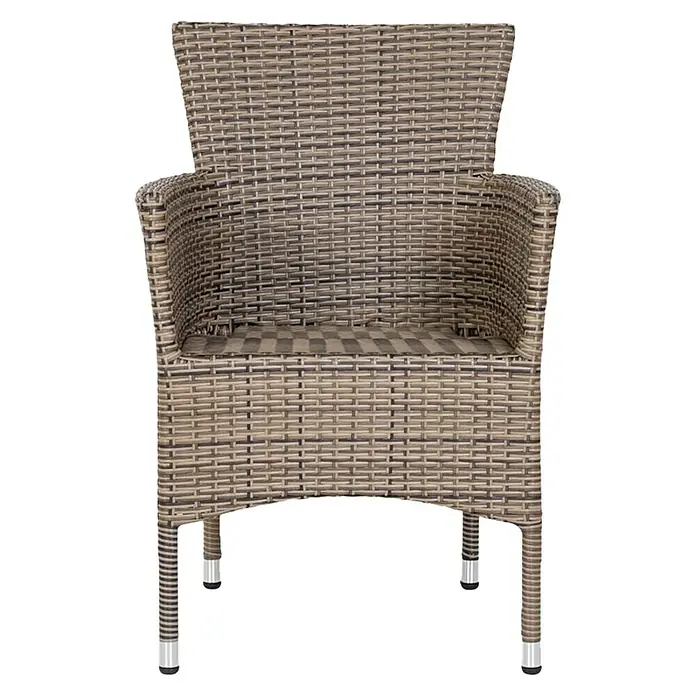 Sillón de jardín Rouen - An x Pr x Al: 59 x 61,5 x 87 cm, Marrón oscuro, Poliratán, Apilable - Sillón de mimbre trenzado con reposabrazos y patas de metal, perfecto para el jardín o el patio. Diseño cómodo y elegante.