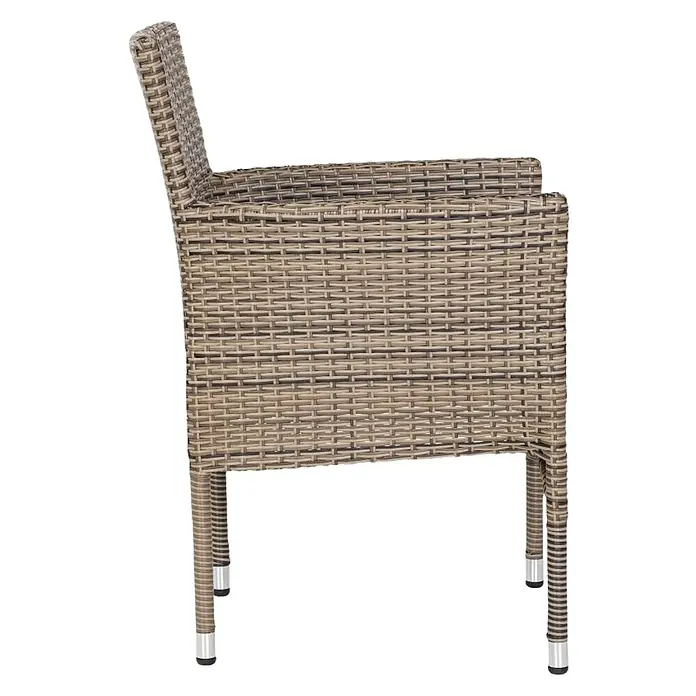 Sillón de jardín Rouen - An x Pr x Al: 59 x 61,5 x 87 cm, Marrón oscuro, Poliratán, Apilable - Primer plano de una silla de mimbre con reposabrazos y patas de metal. La silla tiene un diseño elegante y moderno.